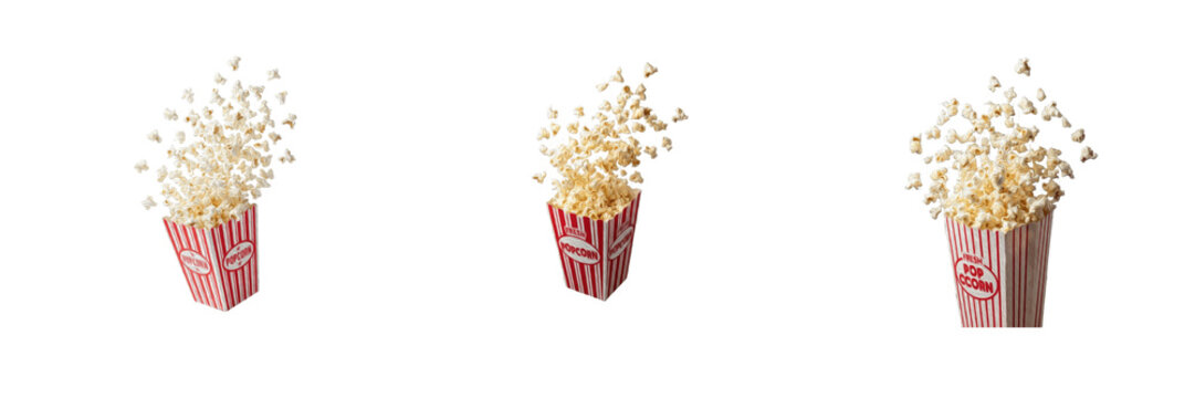 Exploding Popcorn in Red and White Striped Paper Tub PNG Collection Isolated on Transparent Background, Dynamic Cinema Snack Food for Movie Night, Entertainment, Parties and Graphic Design Assets