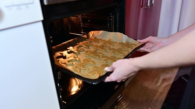 Beautiful hands place a baking sheet filled with gingerbread cookies into the oven. The warm glow of the Christmas tree and garland adds magic to this delightful baking moment.