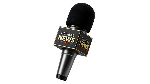 Professional news microphone with Global News logo, broadcast journalism mic for interviews, media reporting equipment isolated on White Background