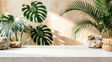 Fototapeta premium Tropical Plants and Natural Elements on White Tabletop for Web Design