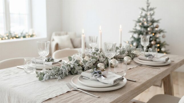 Elegant Holiday Dining Set Decorated For Festive Celebration.
