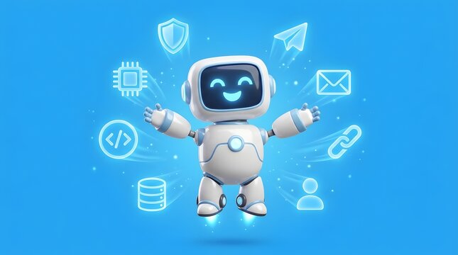  Friendly white and blue robot surrounded by glowing digital technology icons