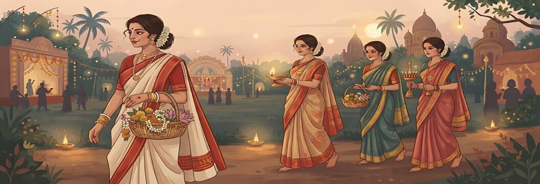 Indian women carrying festive lamps pictures