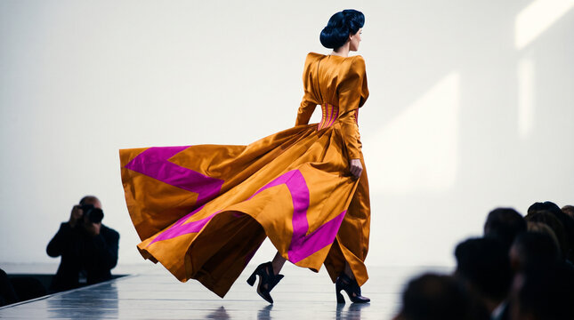 Model walking down the runway in vibrant orange and pink gown  