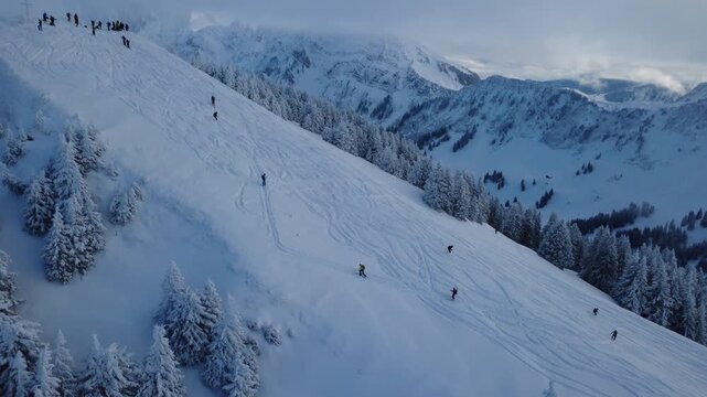 Sonnige Skipiste am Waldrand mit mehreren Skifahrern in Aktion &ndash; dynamische Luftaufnahme