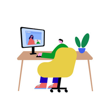 Person on Video Call at Desk &ndash; Remote Meeting and Online Communication Illustration