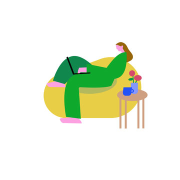 Woman Working on Laptop from Bean Bag Chair &ndash; Remote Work at Home Illustration