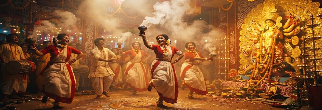 Traditional indian women dhunuchi dance durga puja celebration images