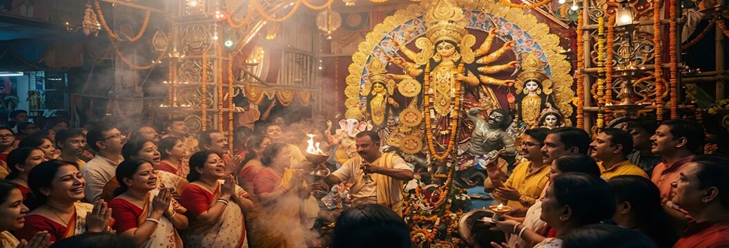 Durga puja crowd traditional dance golden idol worship images