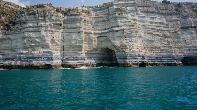 Stratified limestone cliffs along the Mediterranean sea under clear summer light

