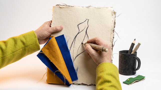 Hands sketching a fashion design on textured paper with pencils  