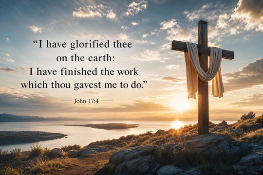 John 17:4 Glorification: Jesus' Finished Work and Divine Mission with Ethereal Light and Divine Glory Scripture Art.