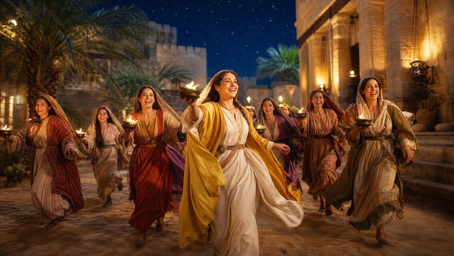 Ten Virgins Parable: Young Women Waiting with Oil Lamps in Ancient Near East Biblical Era with Dynamic Anticipation.