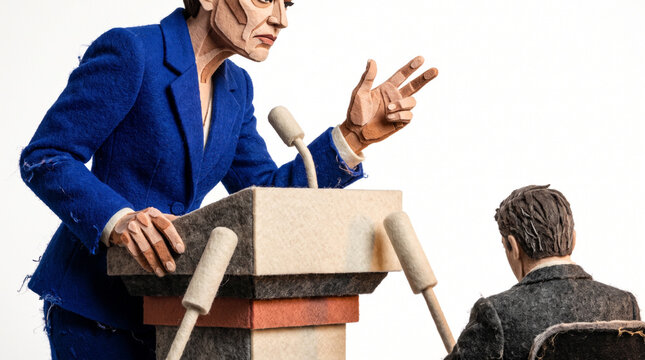 Businesswoman delivering a speech to a seated audience member  