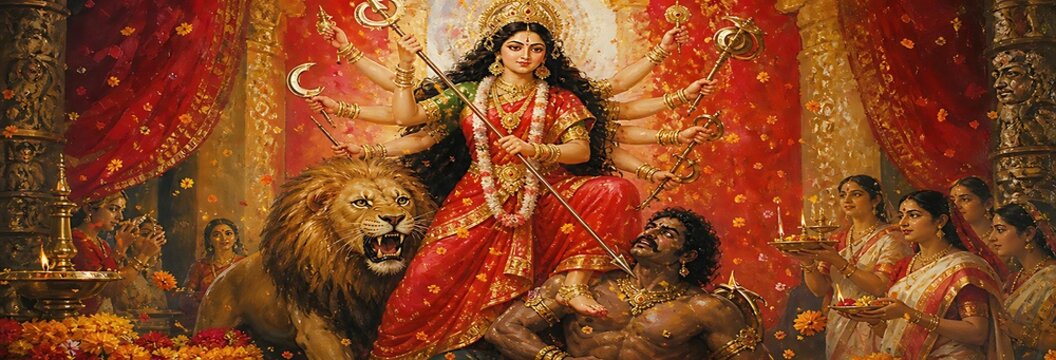 Goddess durga lion demon traditional festival celebration photos