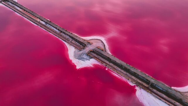 Aerial drone view of pink lakes salt marshes, salt mining medieval town of Aigues-Morte, Camargue, France. High quality 4k footage