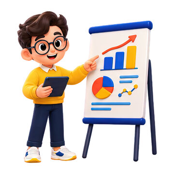 Young boy with glasses presenting financial charts on a whiteboard with a tablet
