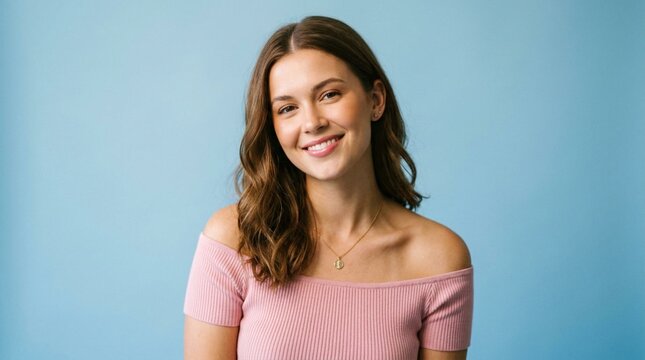Smiling young brunette woman in soft pink off-shoulder ribbed top posing against clean light blue studio backdrop, natural beauty portrait with delicate pendant necklace