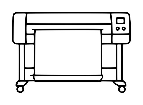 Minimalist hand-traced vector icon of a professional large format plotter printer on a stand with wheels, featuring a clean line art illustration of industrial printing equipment for office use.