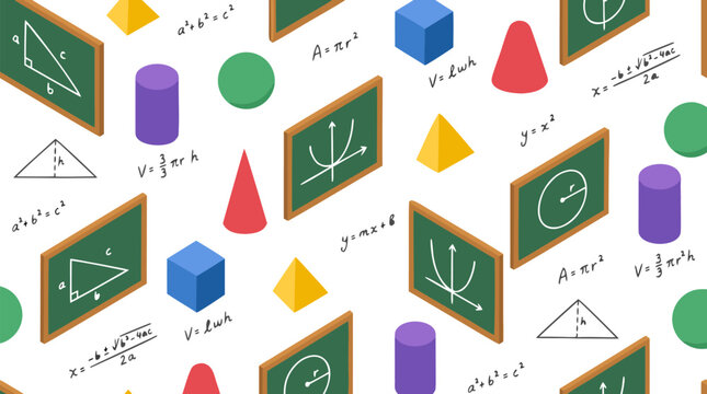 Seamless isometric pattern of green chalkboards with math formulas, geometric shapes, cubes, cylinders, cones, and triangles on white background for education design