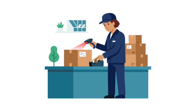 Female postal worker in navy uniform scanning a brown parcel with barcode reader at delivery counter, stacking cardboard boxes, shipping and logistics concept flat vector illustration