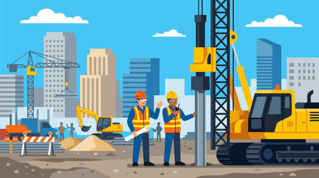 Two construction engineers in hard hats and high-visibility vests guiding a pile driver on a busy urban construction site with skyscrapers, crane, and excavator, vector illustration
