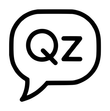 Minimalist black and white vector icon featuring a clean speech bubble with the letters QZ inside, ideal for educational platforms, trivia games, online quizzes, exams, and digital communication.