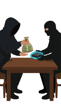 Anonymous hooded figure in dark sweatshirt trading bag of cash money for glowing blue hard drive with masked accomplice at wooden table digital crime concept vector illustration
