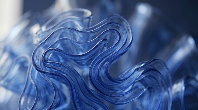 Close-up of translucent blue glass with wavy curves, flowing folds, and layered ruffles in soft studio light, abstract artistic texture and fluid glossy forms