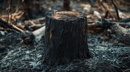 Fototapeta premium burnt tree trunk surrounded by ash; aftermath of a forest fire, generative ai