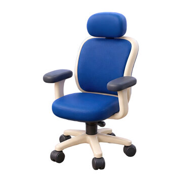 Ergonomic blue office chair with headrest and adjustable armrests on wheels