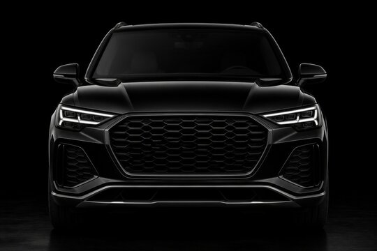 Black luxury suv front view on dark studio background