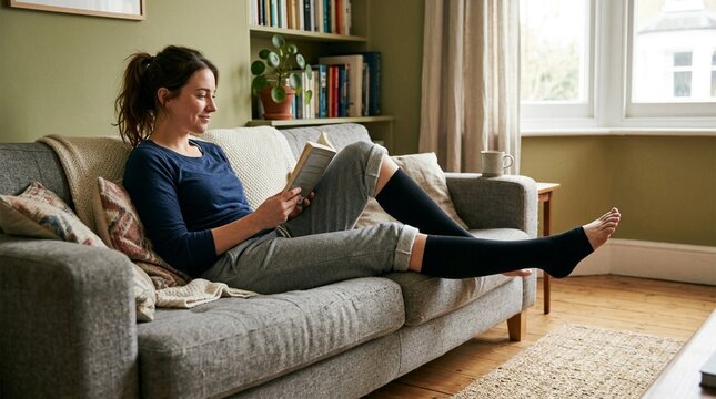 Woman relaxing on grey sofa reading book wearing black compression socks, legs extended, cozy living room with bookshelf, natural daylight, comfortable home lifestyle moment