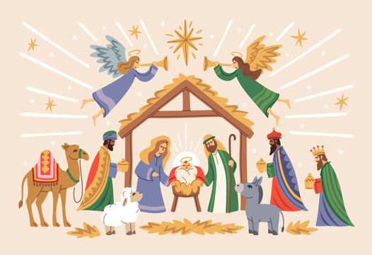 Nativity Scene With Magi And Angels Cartoon