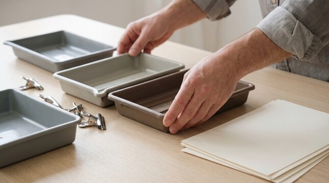 Hands arranging plastic developing trays for darkroom photography or crafting on a table