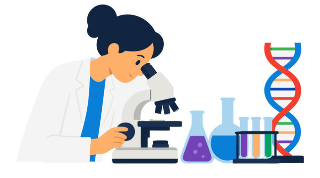 Flat vector illustration of a female scientist in a white lab coat peering through a microscope alongside colorful flasks, vibrant test tubes filled with bright liquids, and a DNA double helix