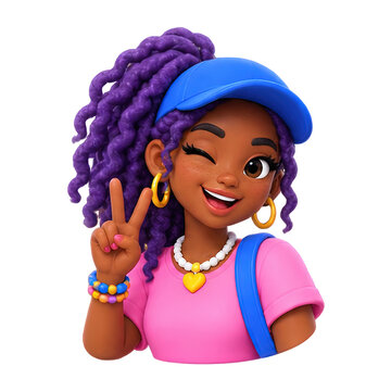 3D cartoon girl with purple hair winks and flashes peace sign