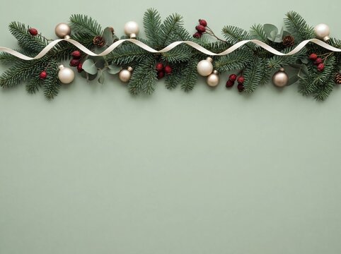 Festive Christmas Border with Fir Branches and White Ribbon