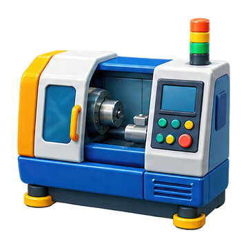 Modern industrial lathe machine with colorful accents and control panel