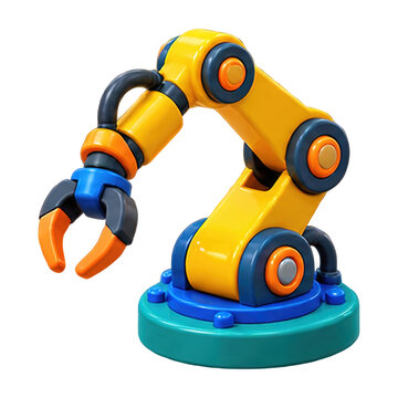 Stylized robotic arm with gripper in bright yellow and blue colors