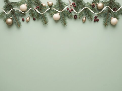 Christmas holiday border with spruce branches and ornaments on green