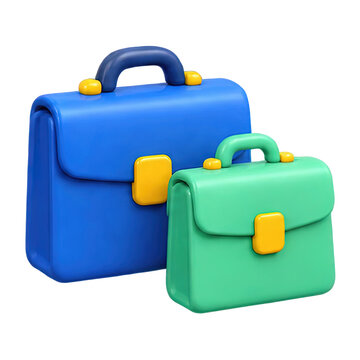 Two colorful 3D briefcases, one blue and one green, with yellow accents