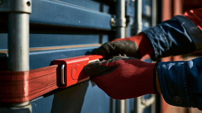 Exclusive photo of A worker in protective gloves secures a red cargo strap on a blue shipping container. Representing industrial logistics and freight transport operations.