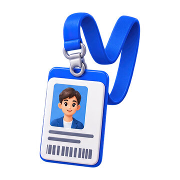 3D cartoon man's identification badge with blue lanyard and photo