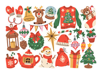 Naklejka premium Christmas Elements Set Holiday Doodle Pack