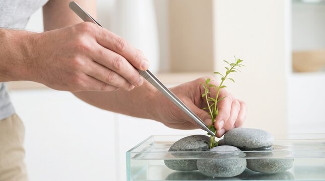 Hands using long tweezers to position a green stem in a glass aquascaping bowl