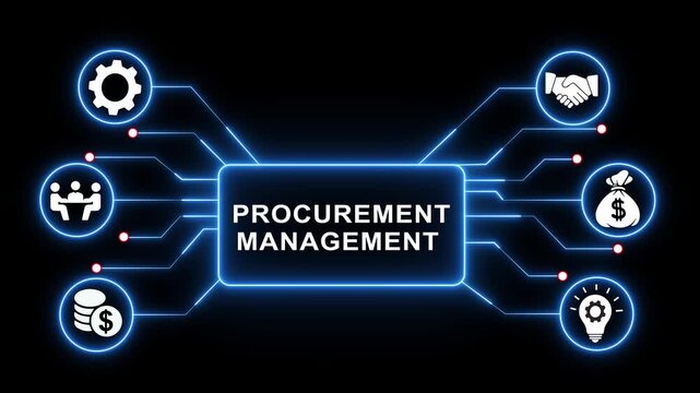 Comprehensive procurement management digital infographic with glowing neon network nodes and business strategy illustrating supply chain optimization and vendor relations