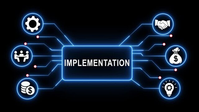 Dynamic business implementation concept featuring glowing circuit board lines and connected conceptual illustrating corporate strategy execution and digital transformation on black background