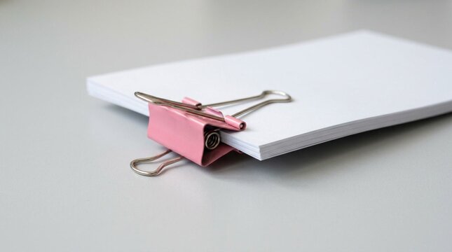 Single pink powder-coated metal binder clip clamped onto a neat stack of white office papers, photographed on a clean light surface with soft shadows and minimal background
