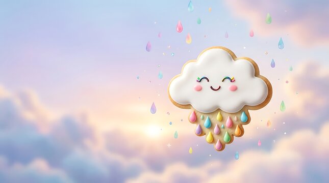 Cute smiling cloud cookie with colorful rain drops against a dreamy pastel sunset sky.